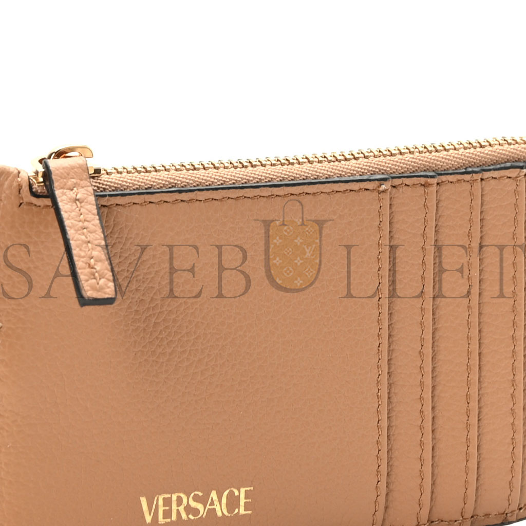 VERSACE GRAINED CALFSKIN LA MEDUSA ZIP CARD CASE BROWN  (13*8*1cm)