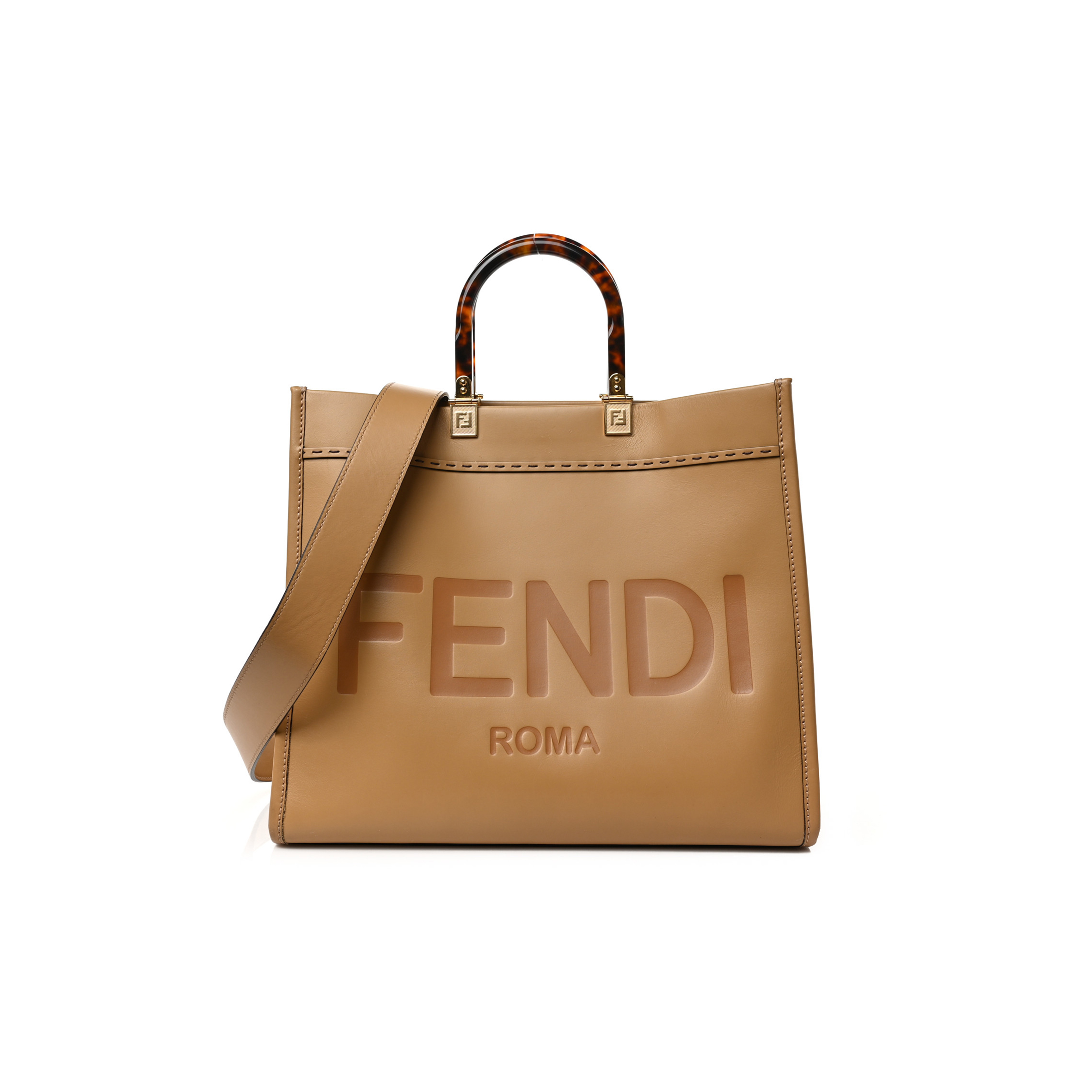 FENDI VITELLO KING PLEXIGLASS LOGO EMBOSSED MEDIUM FENDI SUNSHINE SHOPPER TOTE MIELE SCURO (36*30*16cm)