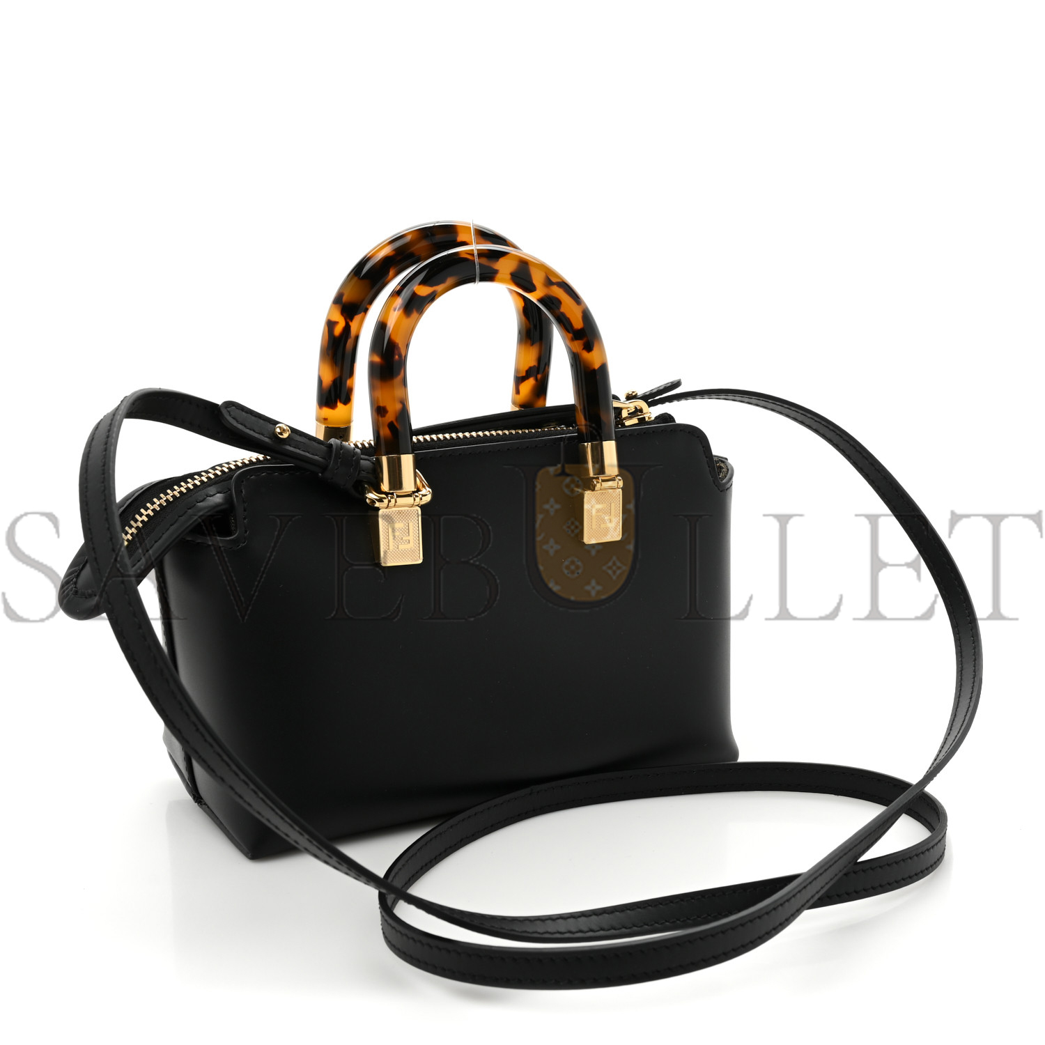 FENDI VITELLO KING PLEXIGLASS LOGO EMBOSSED MINI BY THE WAY TOP HANDLE BOSTON BAG BLACK (18*11*8cm)