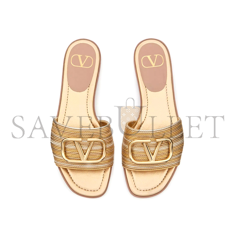 VALENTINO VLOGO SIGNATURE METALLIC LEATHER SLIDE SANDAL WITH CORNELY EMBROIDERY 5W2S0BD5MNS_KUN