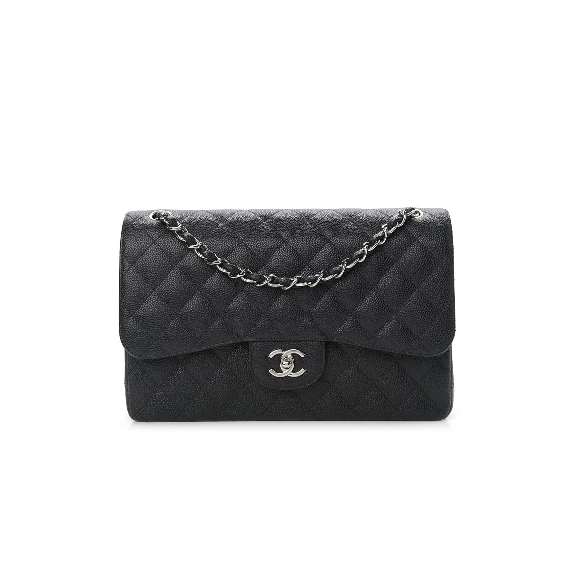 CHANEL CAVIAR QUILTED JUMBO DOUBLE FLAP BLACK SILVER HARDWARE (30*20*9cm)