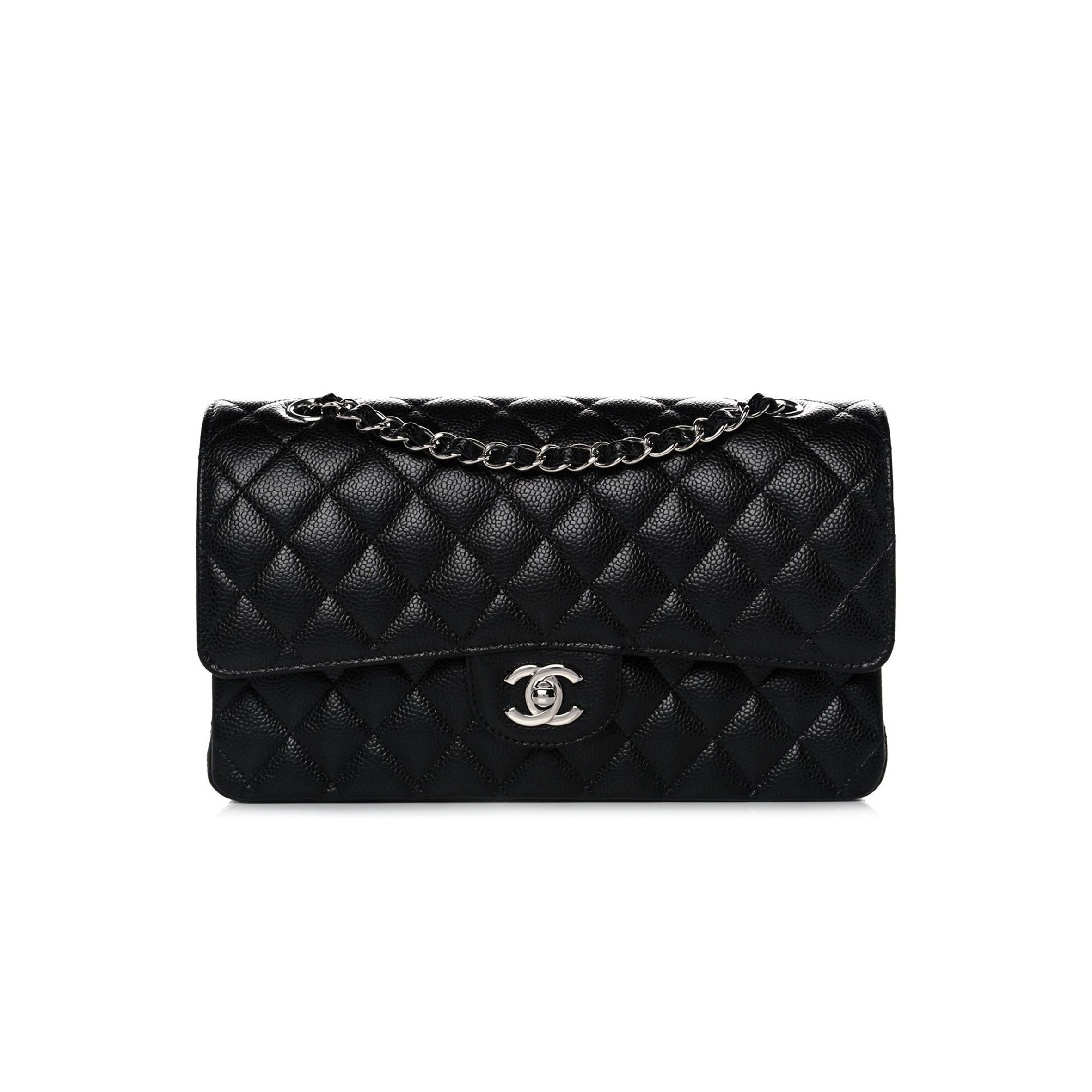 CHANEL CAVIAR QUILTED MEDIUM DOUBLE FLAP BLACK SILVER HARDWARE (25*15*6cm)