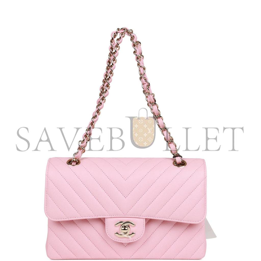 CHANEL SMALL CHEVRON CLASSIC DOUBLE FLAP PINK CALFSKIN LIGHT GOLD HARDWARE (23*13*6cm)