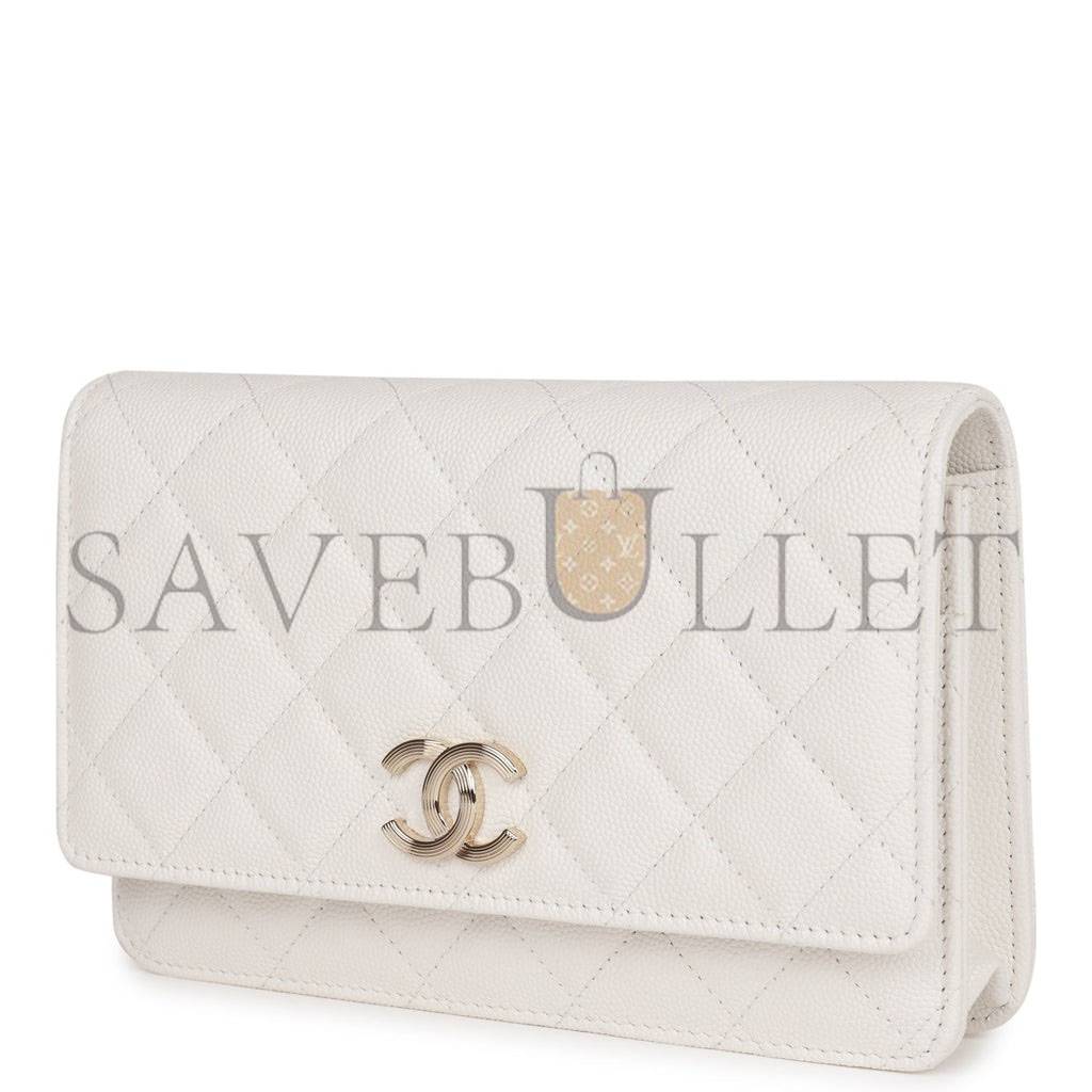 CHANEL WALLET ON CHAIN WOC WHITE CAVIAR LIGHT GOLD HARDWARE (19*12*4cm)