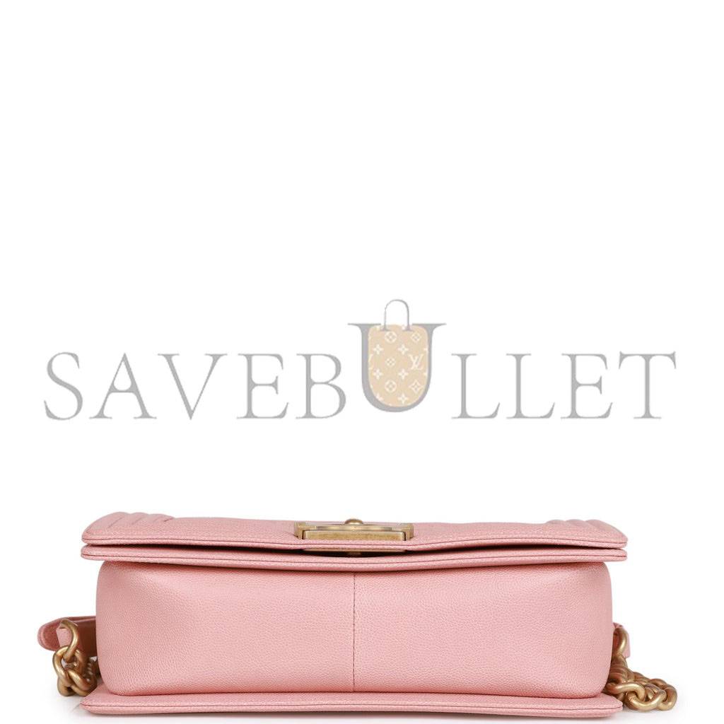 CHANEL MEDIUM BOY BAG PINK CAVIAR ANTIQUE GOLD HARDWARE (25*15*9cm)