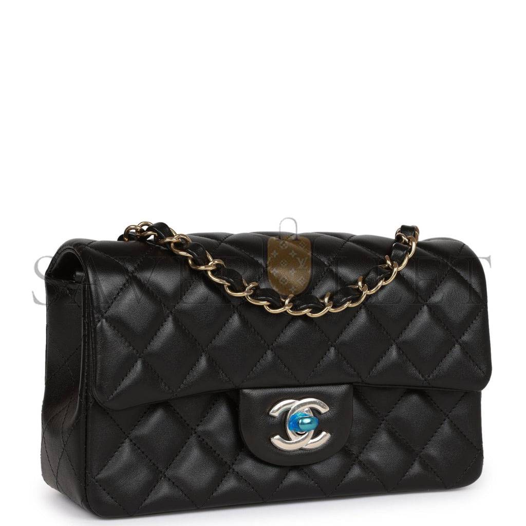 CHANEL MINI RECTANGULAR FLAP BAG BLACK LAMBSKIN LIGHT GOLD HARDWARE (20*13*6cm)