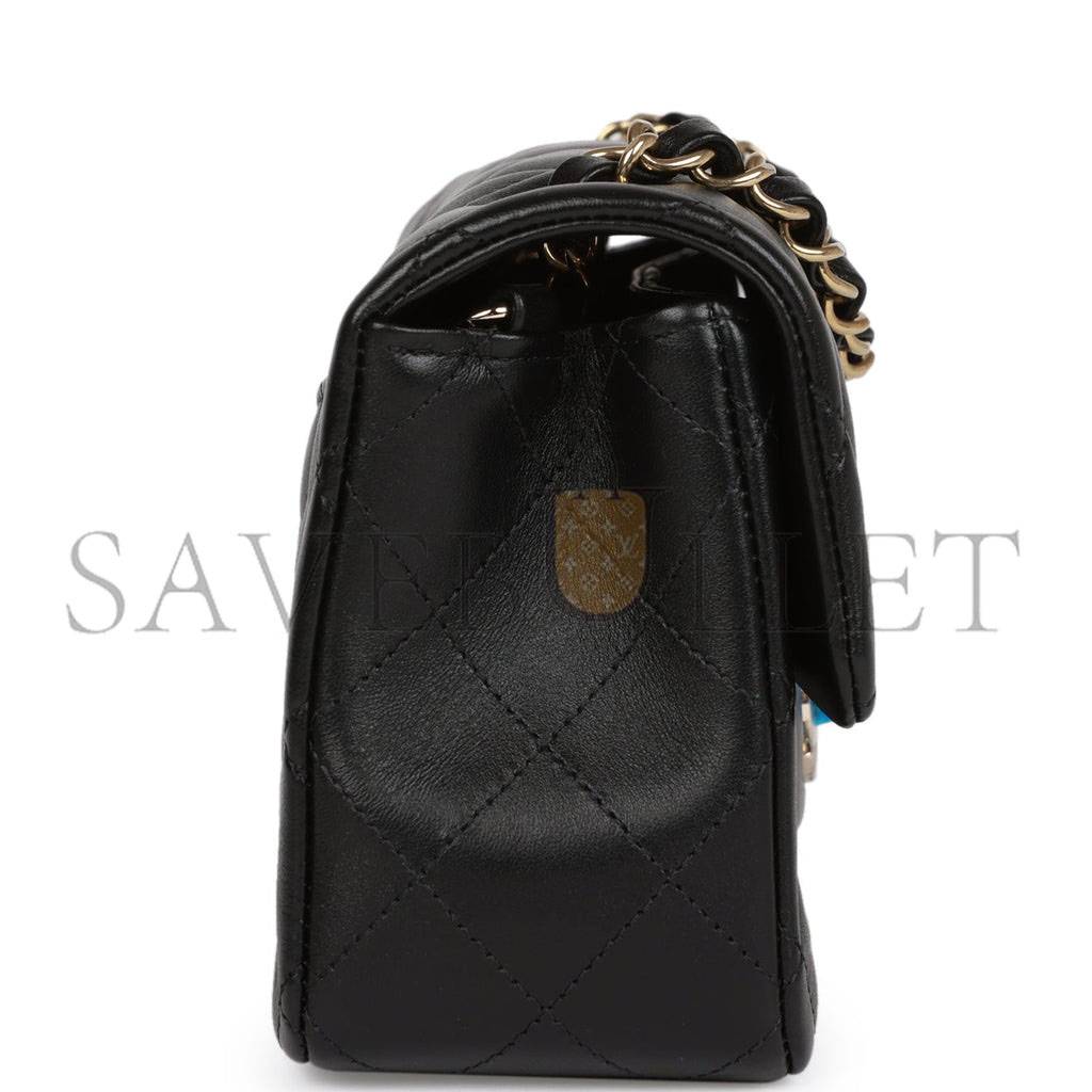 CHANEL MINI RECTANGULAR FLAP BAG BLACK LAMBSKIN LIGHT GOLD HARDWARE (20*13*6cm)