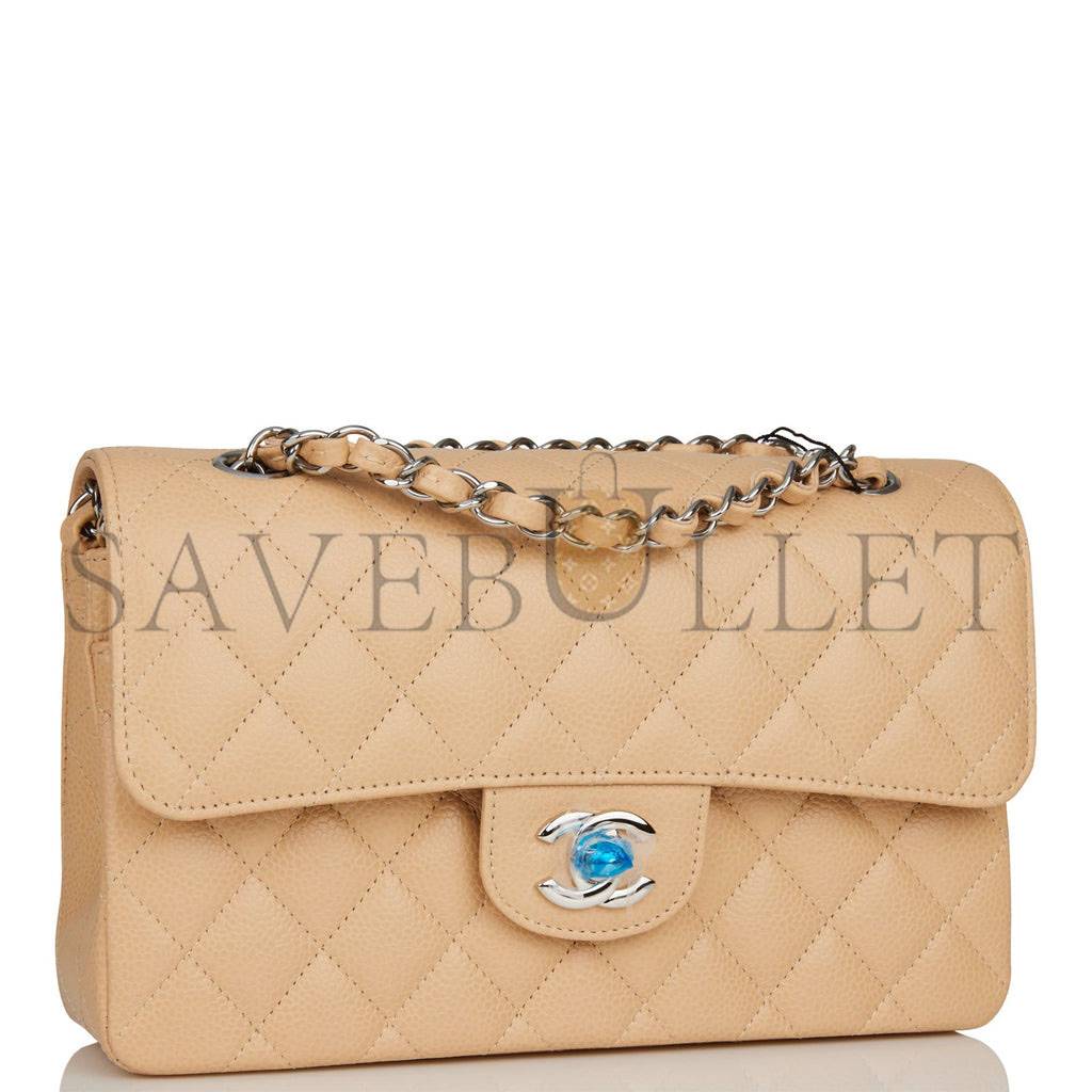 CHANEL SMALL CLASSIC DOUBLE FLAP BAG BEIGE CAVIAR SILVER HARDWARE (23*13*6cm)