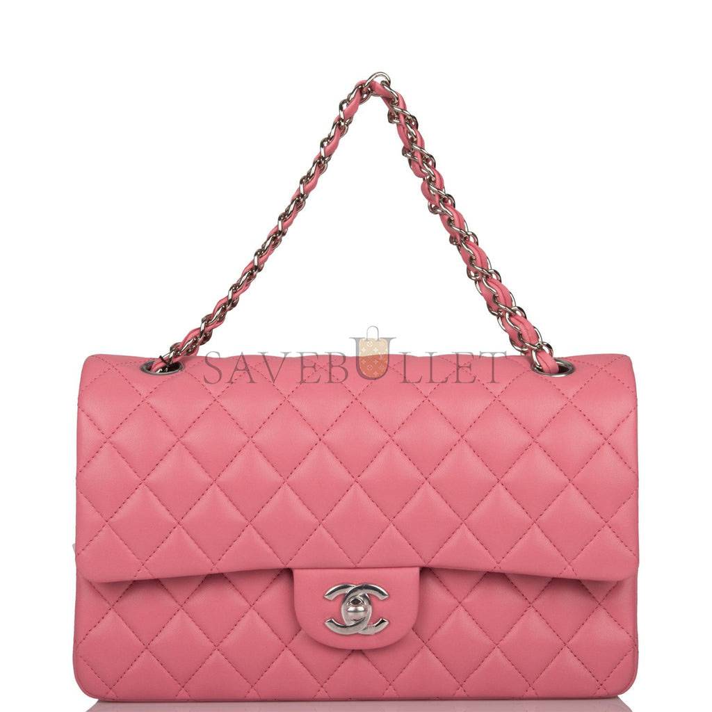 CHANEL MEDIUM CLASSIC DOUBLE FLAP BAG ROSE QUILTED LAMBSKIN SILVER HARDWARE (25*15*7cm)