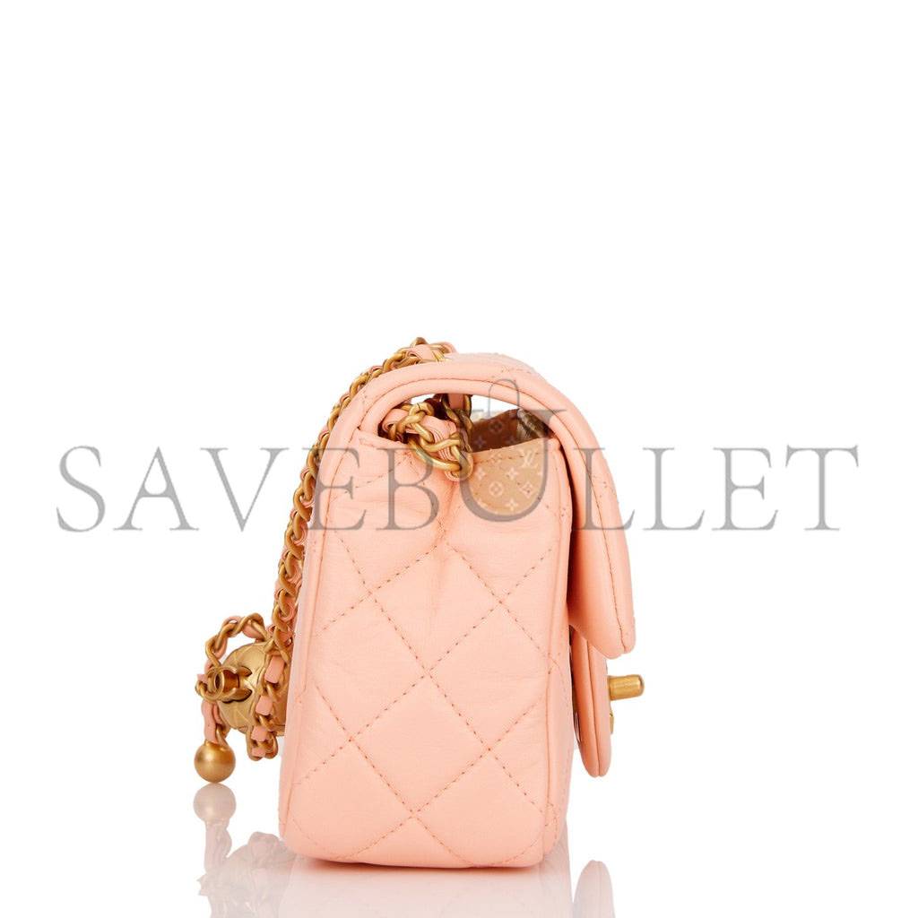 CHANEL PEARL CRUSH MINI RECTANGULAR FLAP BAG PEACH LAMBSKIN ANTIQUE GOLD HARDWARE (20*13*6cm)