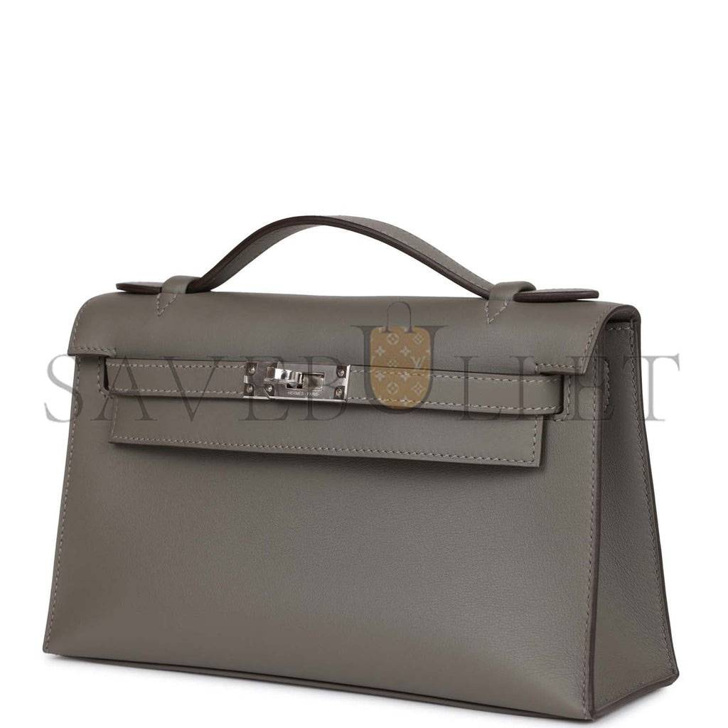 HERMES MINI KELLY POCHETTE GRIS MEYER SWIFT PALLADIUM HARDWARE  (22*14*7cm)