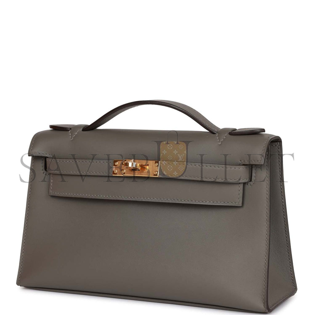 HERMES MINI KELLY POCHETTE GRIS MEYER SWIFT GOLD HARDWARE (22*14*7cm)