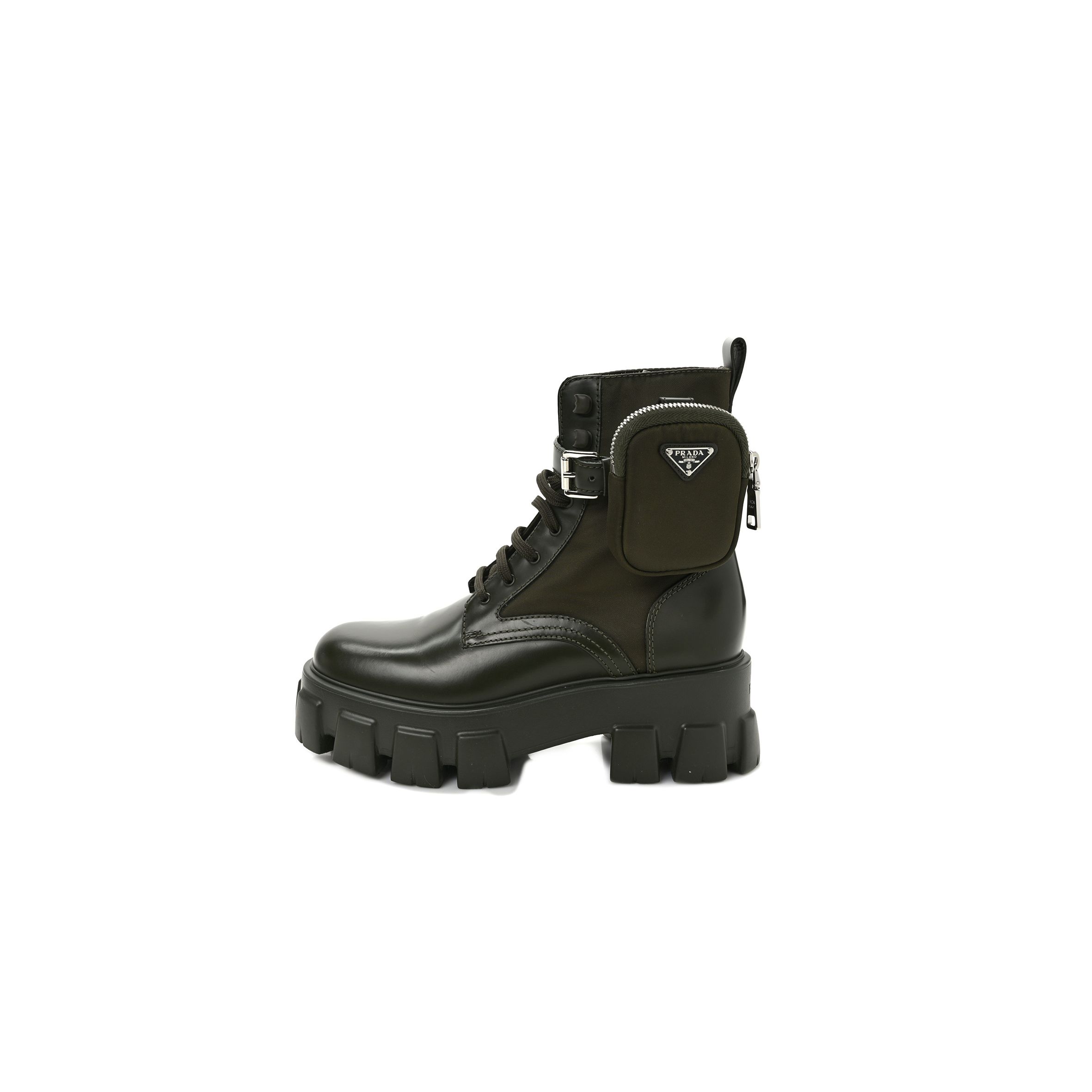 PRADA SPAZZOLATO ROIS RE-NYLON METAL TRIANGLE LOGO MONOLITH POUCH POCKET 55MM BOOTS 38 MILITARE PRADA SPAZZOLATO ROIS RE-NYLON METAL TRIANGLE LOGO MONOLITH POUCH POCKET 55MM BOOTS 38 MILITARE