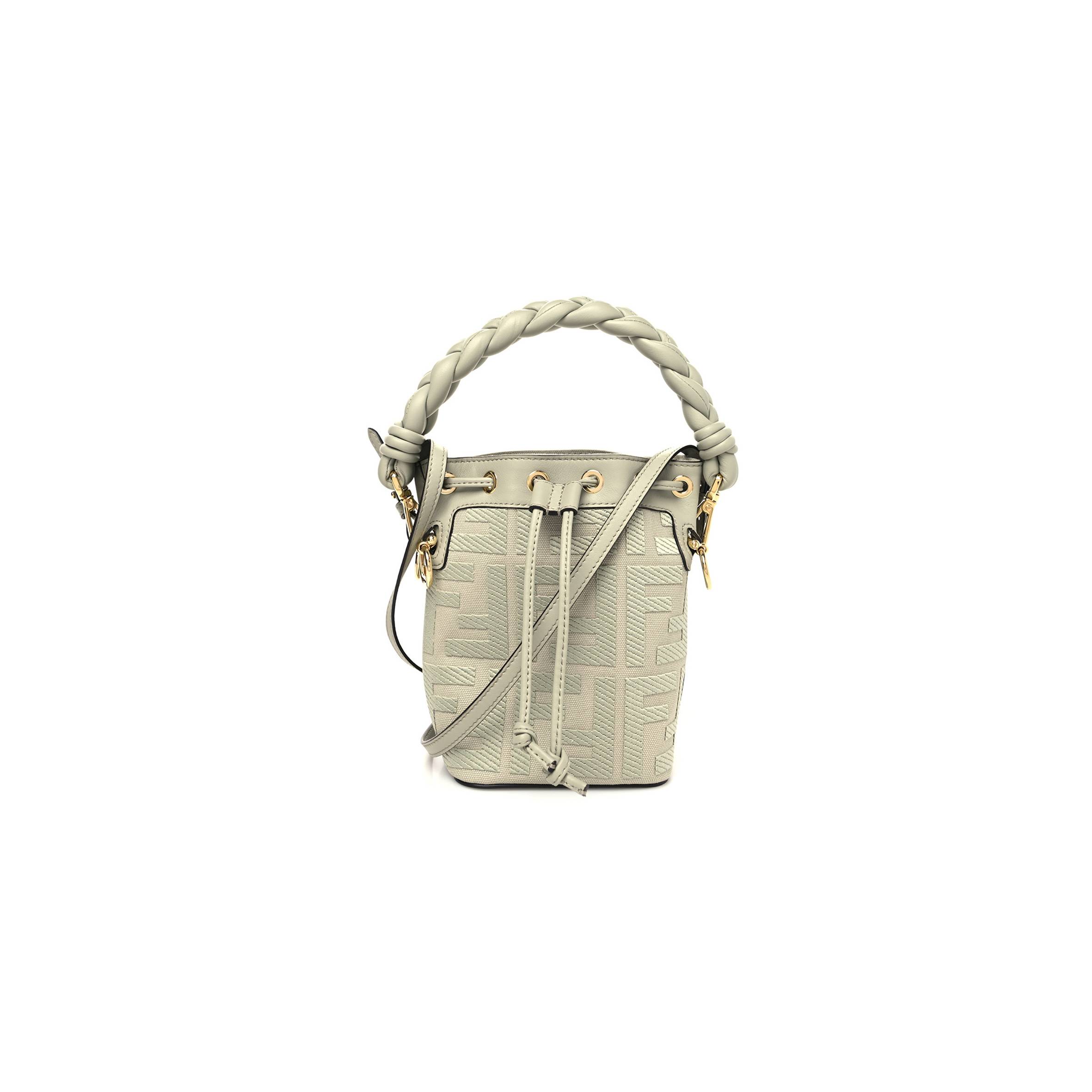 FENDI CANVAS VITELLO GRACE F IS FENDI FF EMBROIDERED MINI MON TRESOR BUCKET BAG LIGHT GREEN (18*12*10cm)